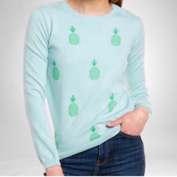 Two Bees Cashmere Allover Pineapple Print Pullover Sweater Aqua SZ M - Picture 1 of 10